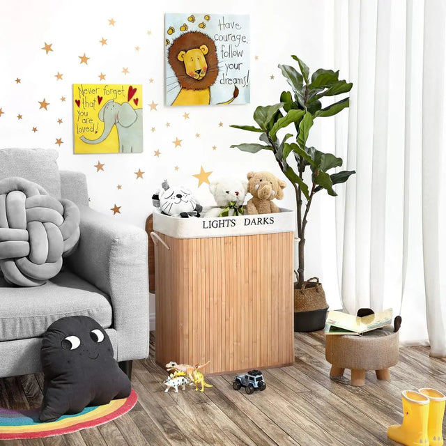 Wäschekorb Wäschesammler 2 Fächer Bambus 100l von Songmics