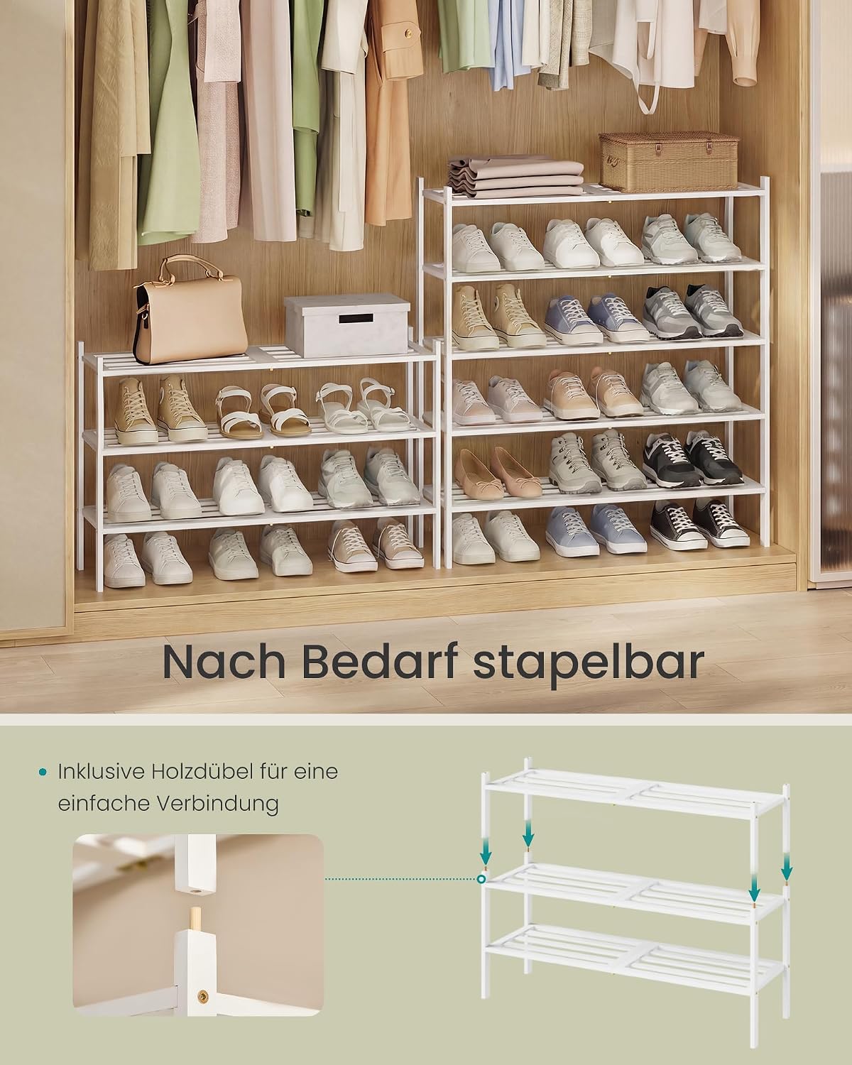 Schuhregal 3 Ebenen 70x25x51,5 cm Bambus Weiss von Songmics