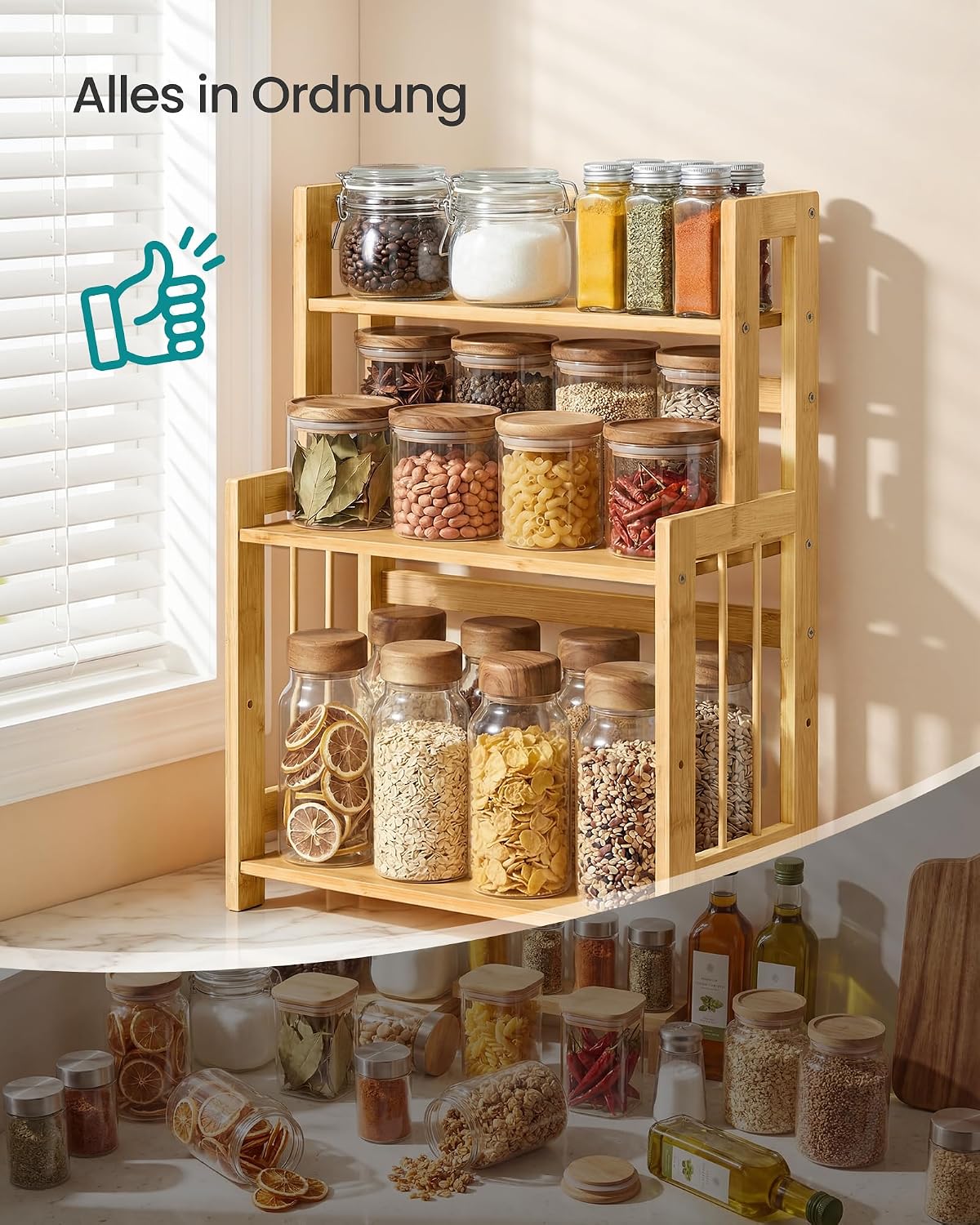Gewürzregal 3 Etagen 41x18,6x53,5 cm Bambus Natur von Songmics