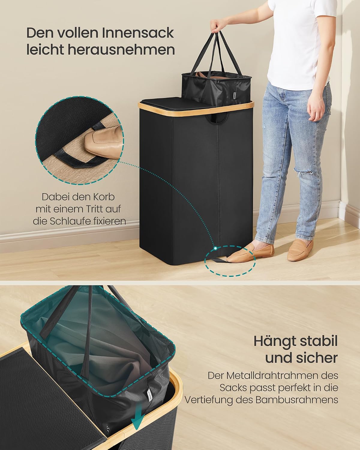 Wäschesammler 2 Fächer 150 l 52x38x75 cm Schwarz Beige von Songmics