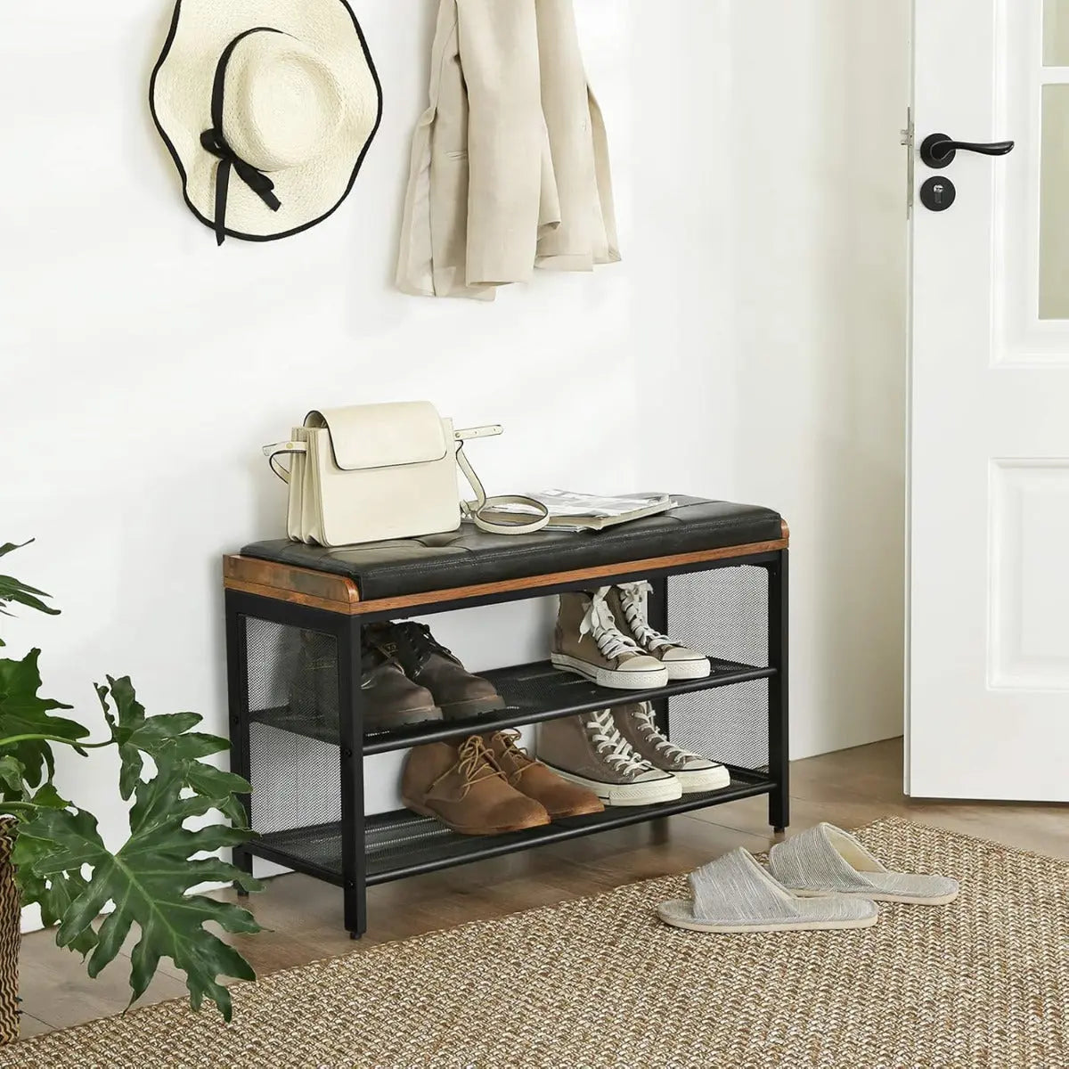 Schuhbank mit Gitterablage mit Polster Vintagebraun-Schwarz von Songmics