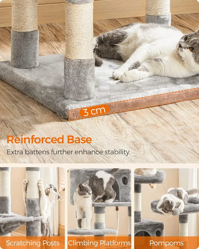 Kratzbaum Mehrstöckig Plüsch mit Hängematte Hellgrau von Songmics