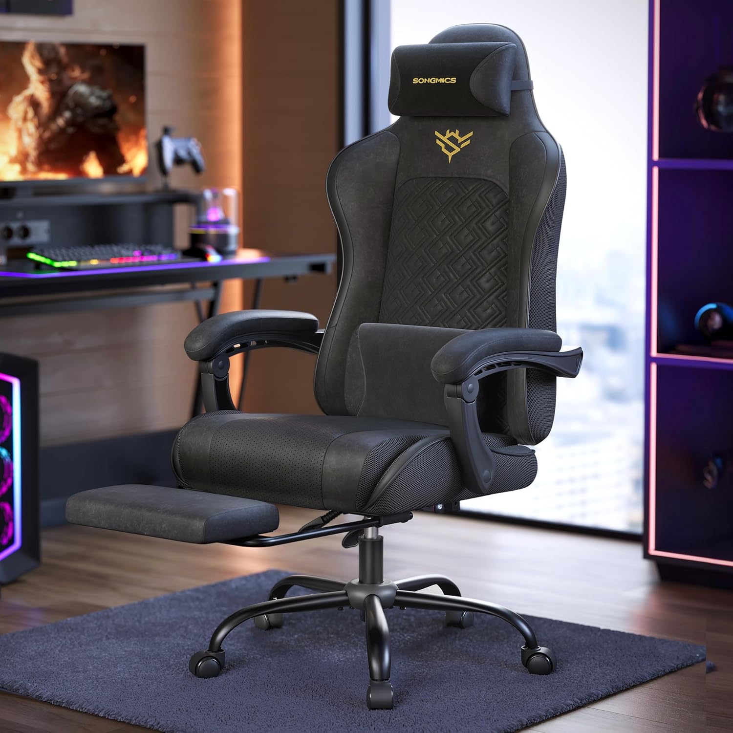 Gaming Stuhl ergonomisch mit Fußstütze und Federkissen von Songmics