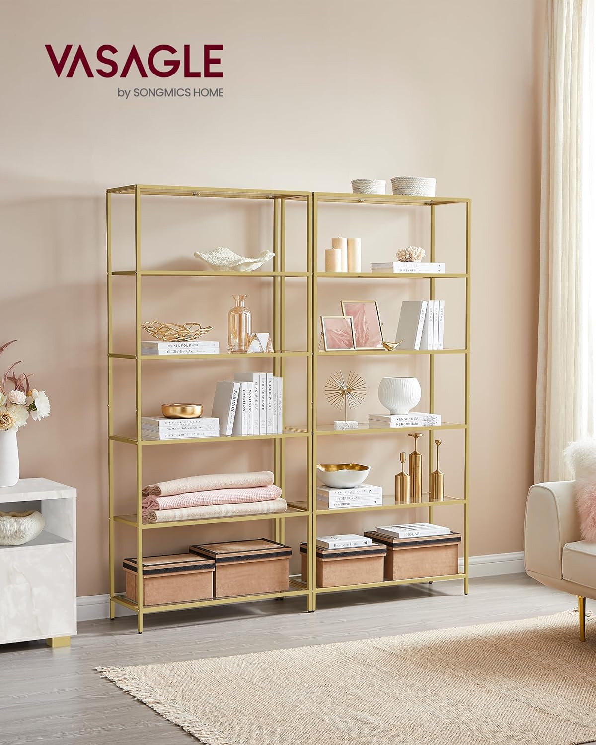 Badregal 6 Ablagen Glas Metall Gold Badezimmer Küche von Songmics