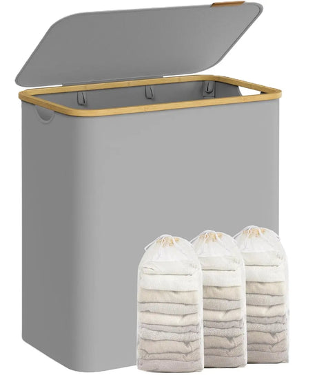 Wäschekorb Wäschesammler 3 Fächer Bambus 150l Grau von Songmics