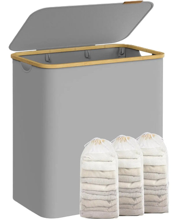 Wäschekorb Wäschesammler 3 Fächer Bambus 150l Grau von Songmics