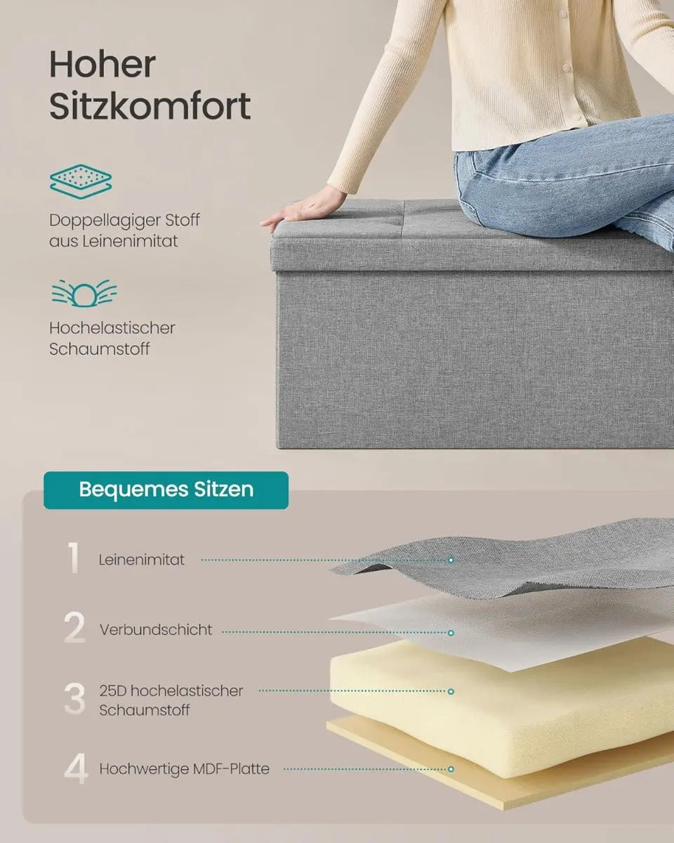 Sitzbank mit Stauraum 110cm Faltbar Leinenimitat Hellgrau von Songmics