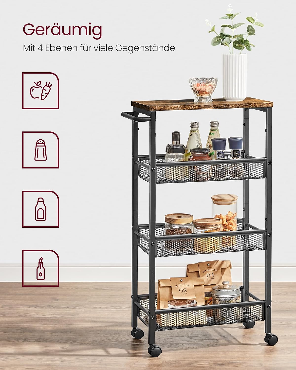 Küchenwagen Rollwagen 4 Ebenen 45,5x22x77 cm Braun von Songmics