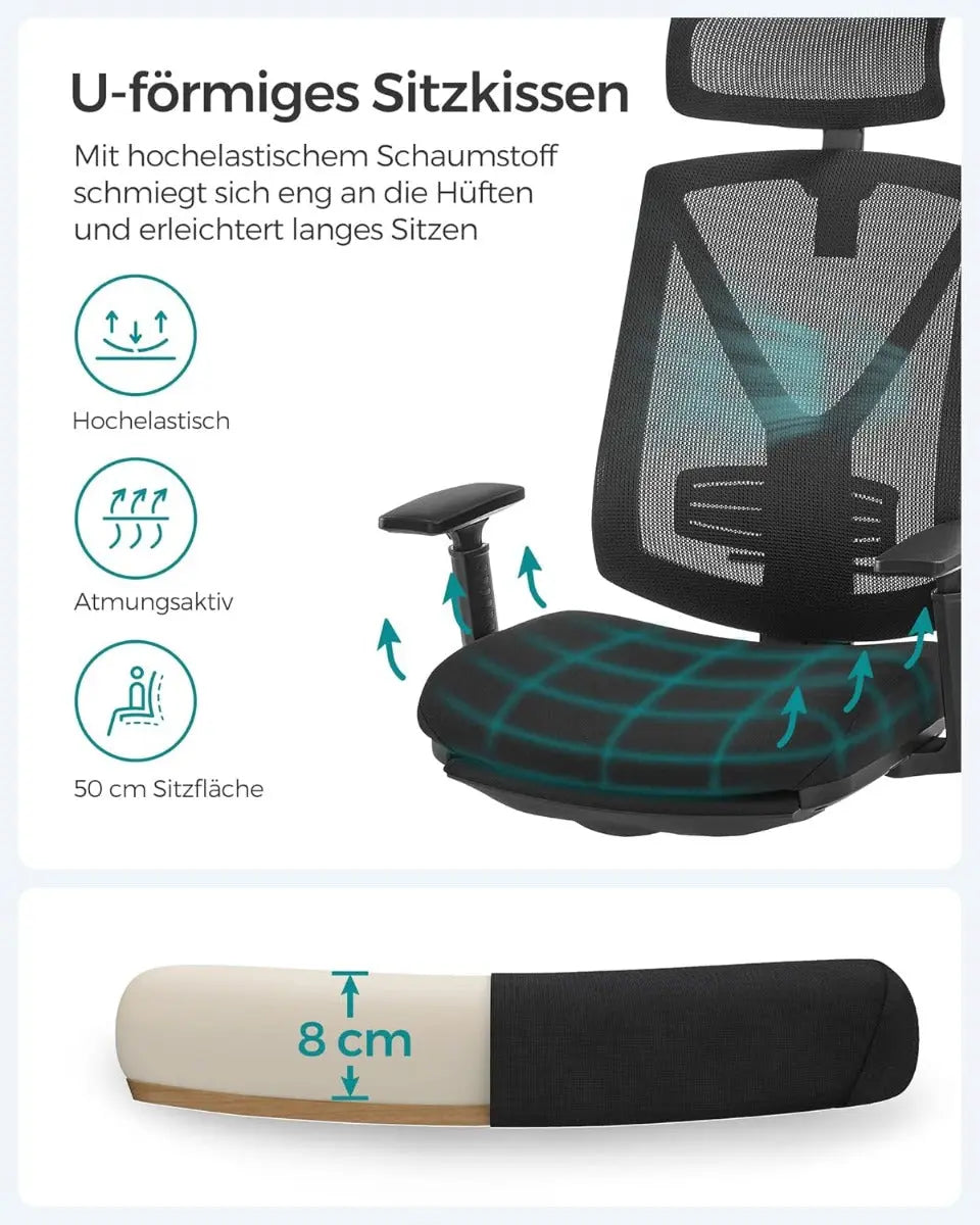Bürostuhl Ergonomisch ausziehbare Fussstütze Verstellbar Belastbar Schwarz von Songmics