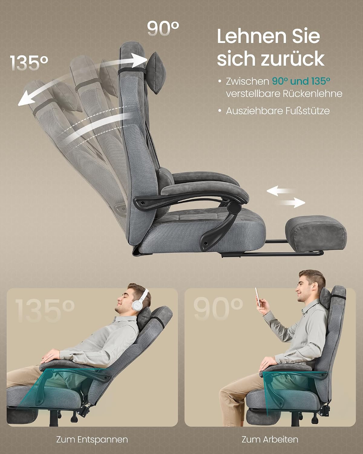 Gamingstuhl ergonomisch 150 kg Schiefergrau Fussstütze von Songmics