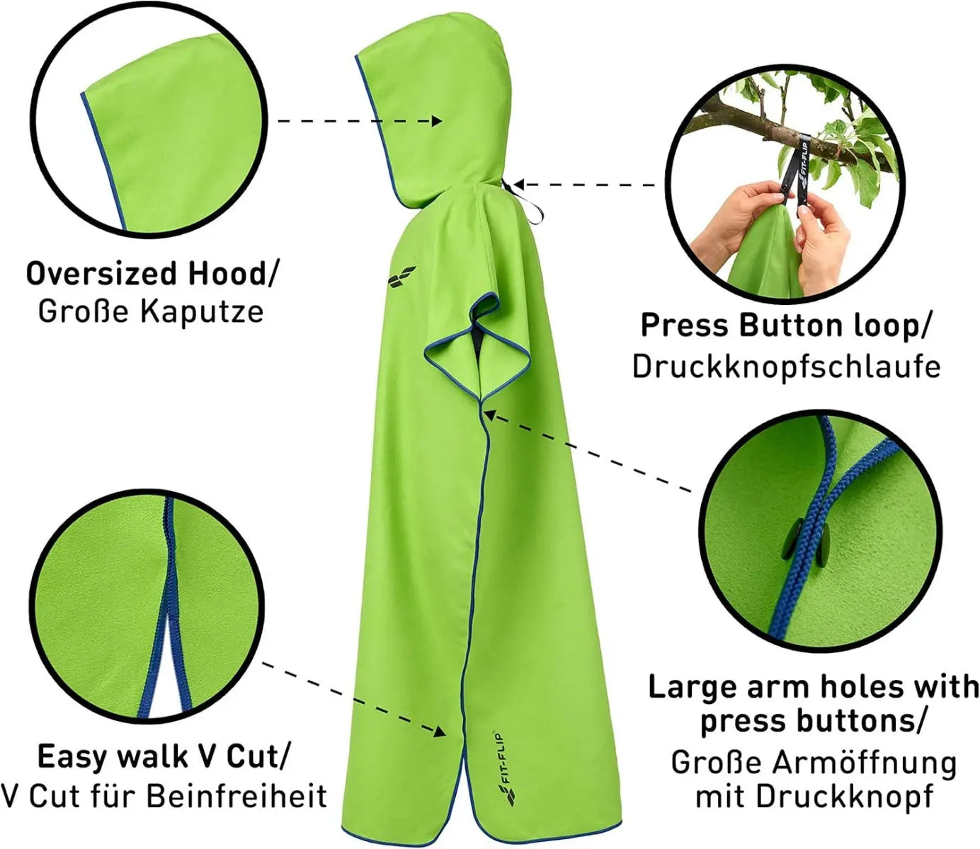 Badeponcho Mikrofaser Unisex schnelltrocknend mit Kapuze M Grün-Dunkelblau von guteszeug.ch