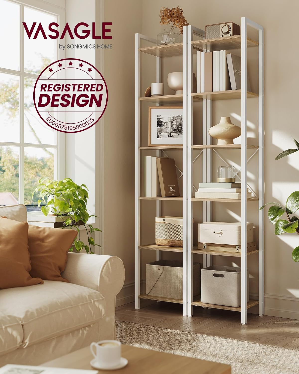 Bücherregal 6 Ebenen Standregal 30x40x186 cm Naturbeige von Songmics