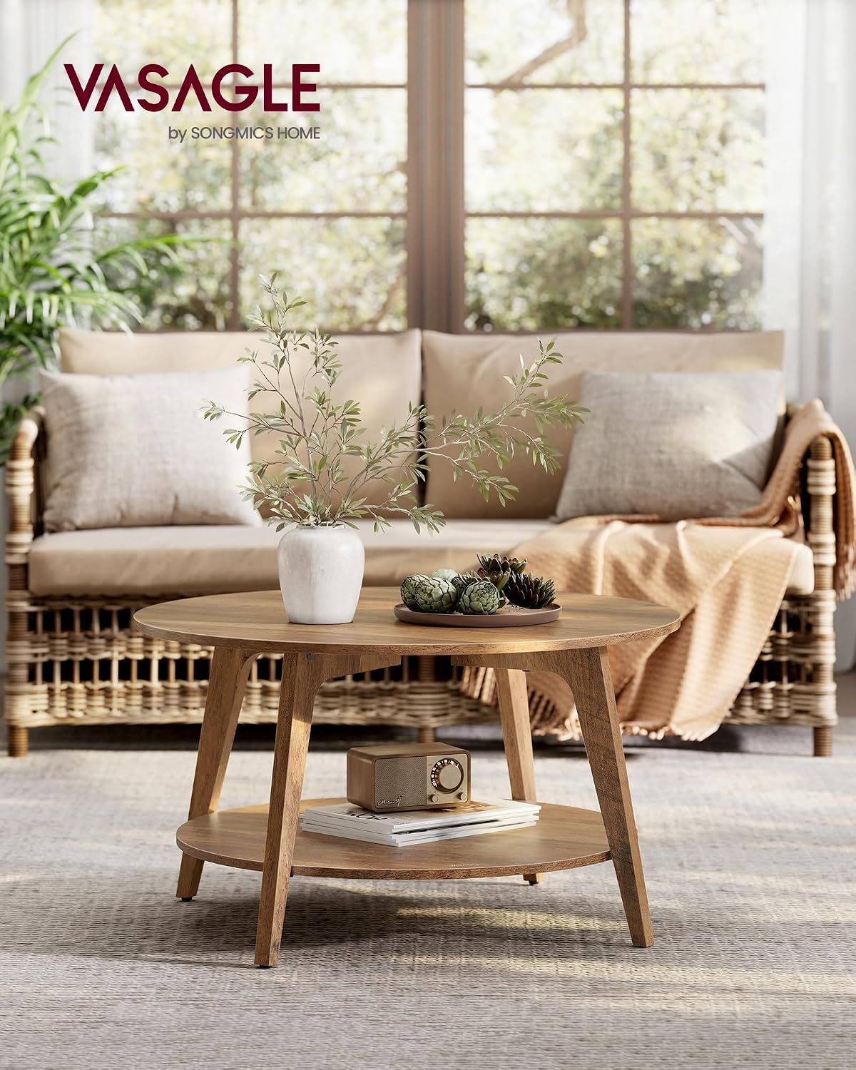 Couchtisch 2 Ebenen rund 80x80x45 cm Honigbraun von Songmics