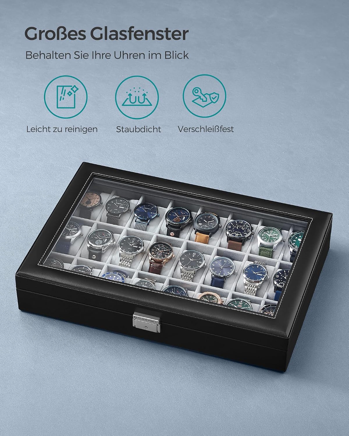 Uhrenbox 24 Fächer Uhrenkoffer mit Glasdeckel Schwarz von Songmics