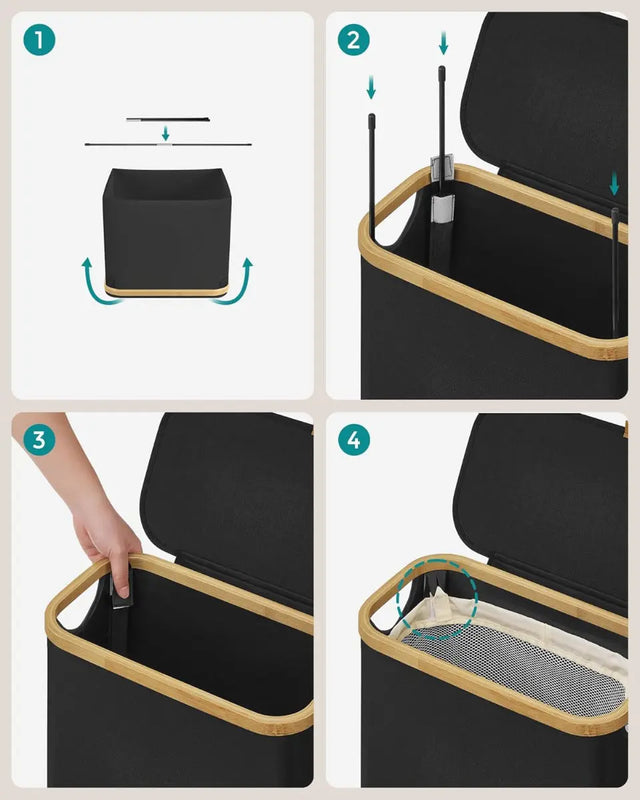Wäschekorb Wäschesammler Schmal Bambus 65l Schwarz von Songmics