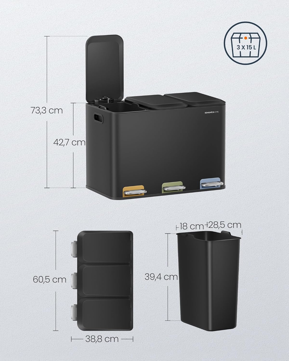 Abfalleimer 3-fach 45 l Mülltrennung Soft-Close Schwarz von guteszeug.ch