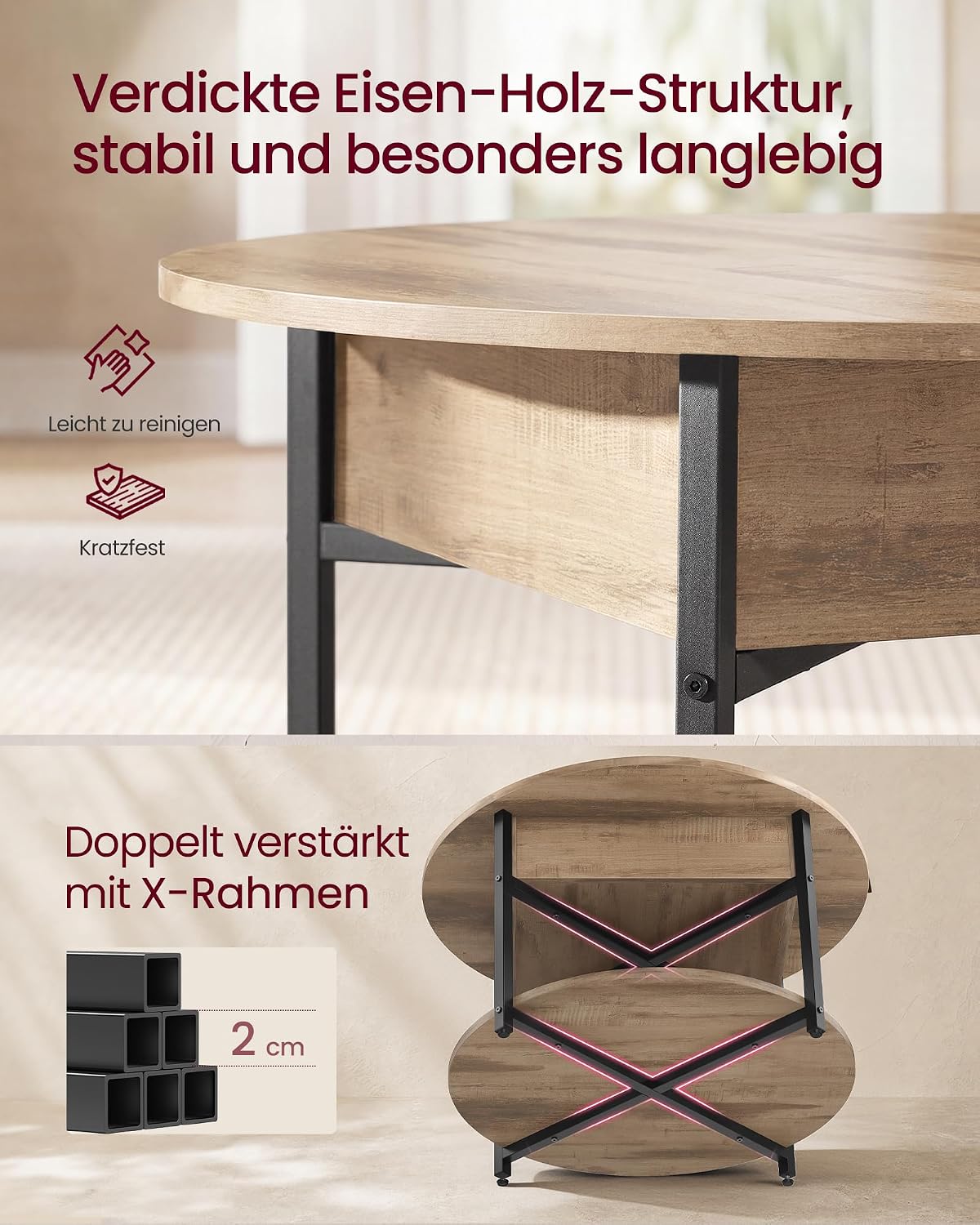 Couchtisch 80 cm rund Hebeplatte Ablage Kamelbraun von Songmics
