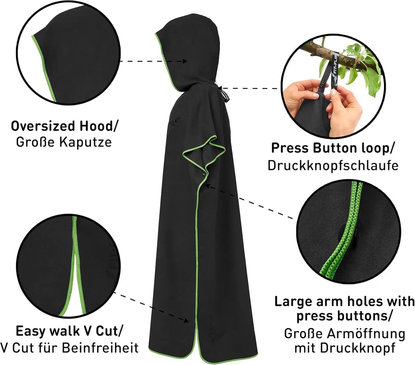 Badeponcho Mikrofaser Unisex schnelltrocknend mit Kapuze L Schwarz-Grün von guteszeug.ch