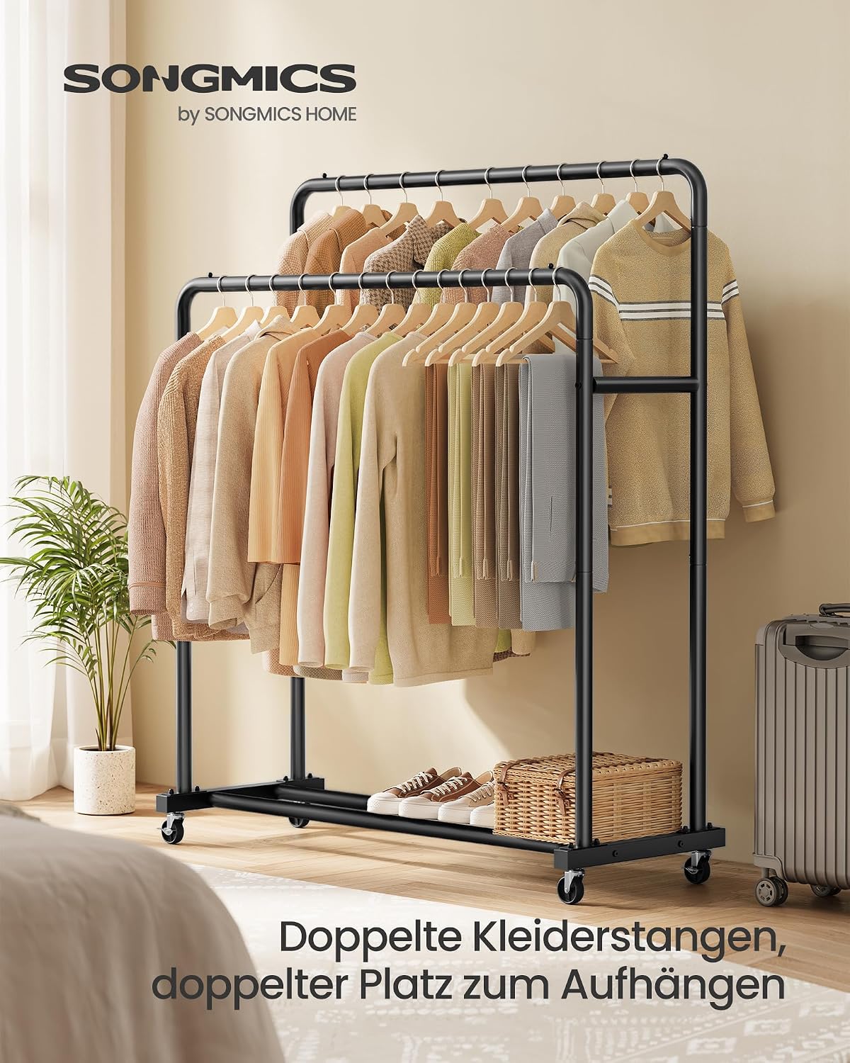 Kleiderständer mobil 2 Stangen 110x46,5x155,5 cm Schwarz von Songmics