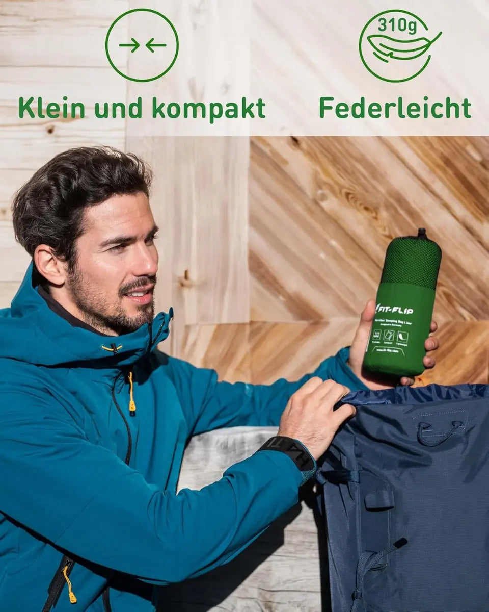 Hüttenschlafsack Mikrofaser ultraleicht mit Kissenfach 90x220cm Waldgrün von guteszeug.ch