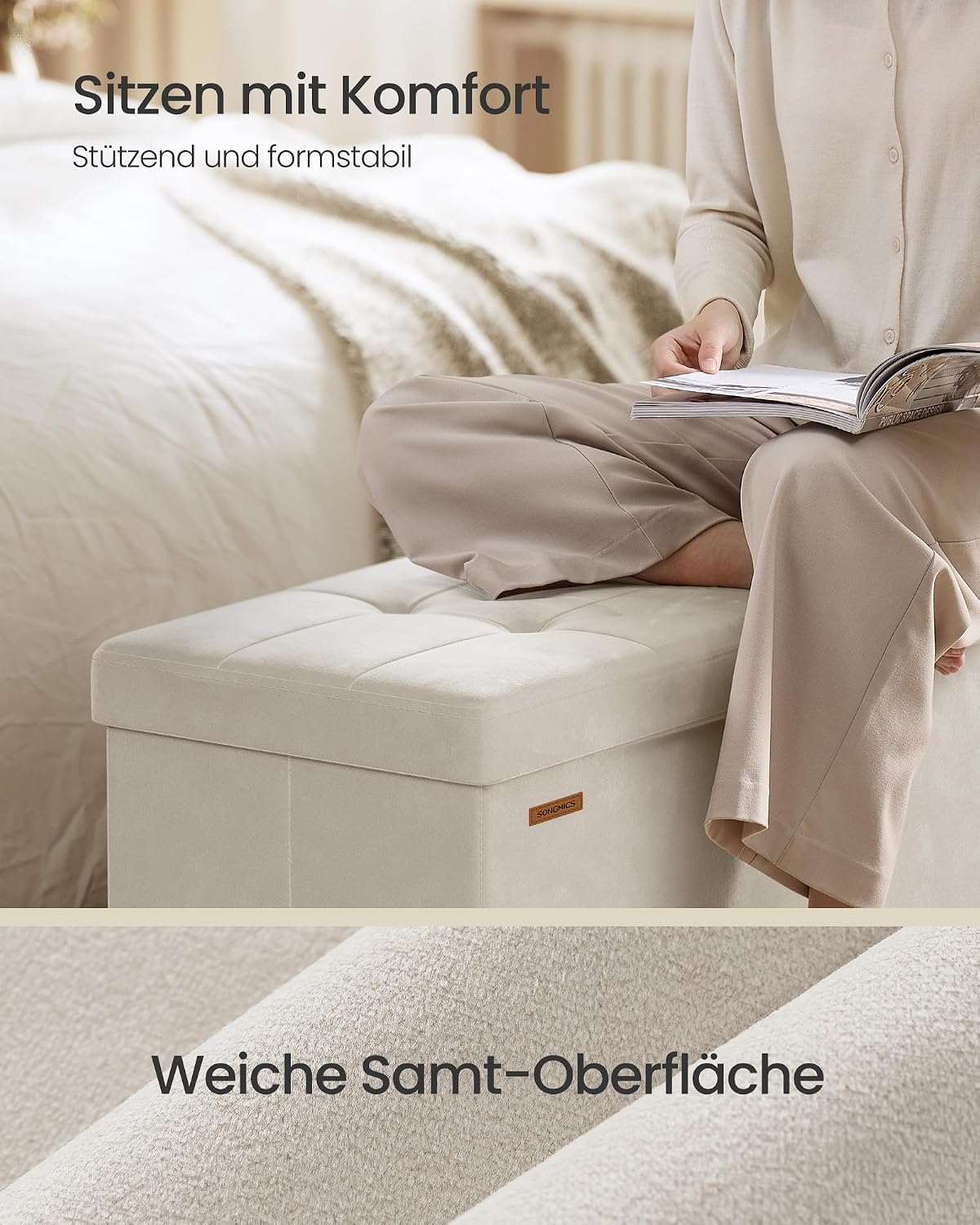 Sitzbank Aufbewahrungsbank 110x38x40 cm Samt Beige von Songmics