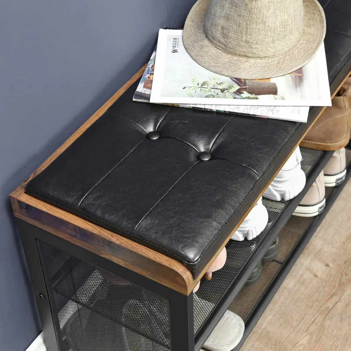 Schuhbank mit Gitterablage mit Polster Vintagebraun-Schwarz von Songmics