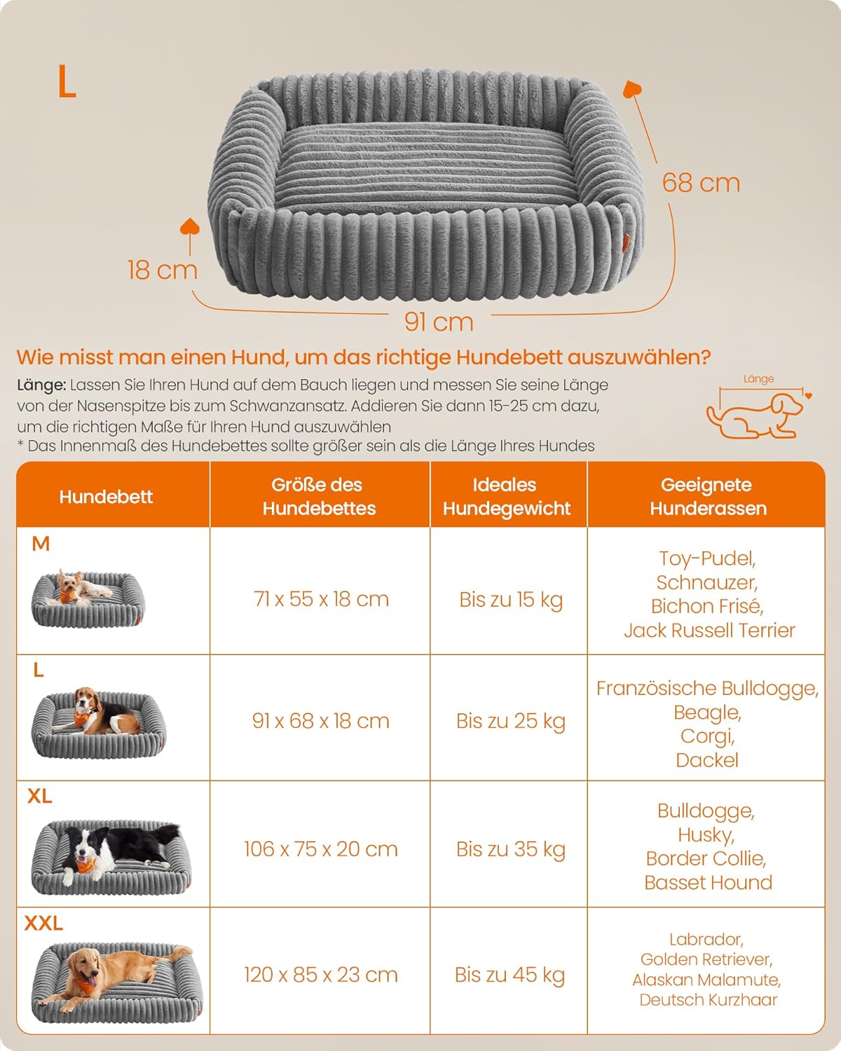 Orthopädisches Hundebett waschbar flauschig 91x68x18 cm grau von Songmics