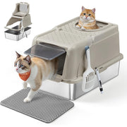 Katzentoilette XL Edelstahl mit Deckel und Schaufel beige von Songmics