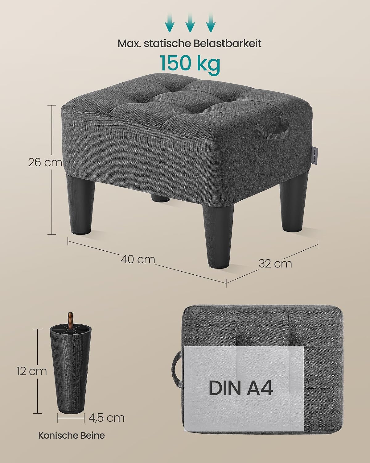 Fusshocker mit Stauraum 40x32x26 cm Schiefergrau von Songmics