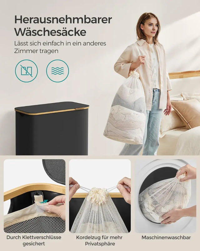 Wäschekorb Wäschesammler 3 Fächer Bambus 150l Schwarz von Songmics