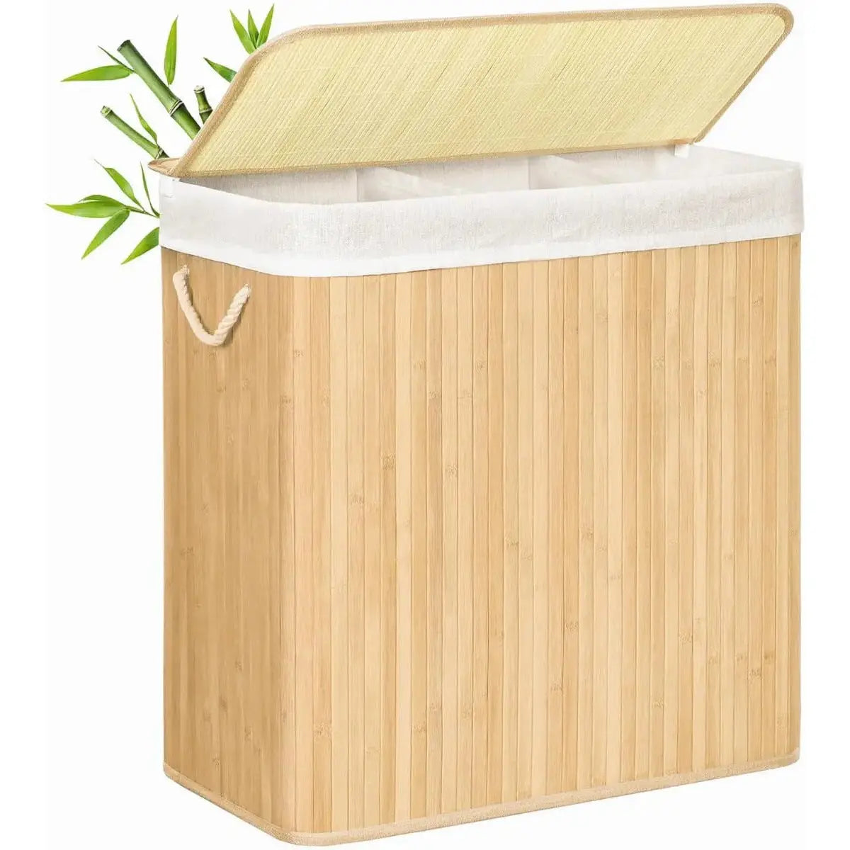 Wäschekorb Wäschebox Bambus 3 Fächer faltbar mit Griffen Naturfarbe von Songmics