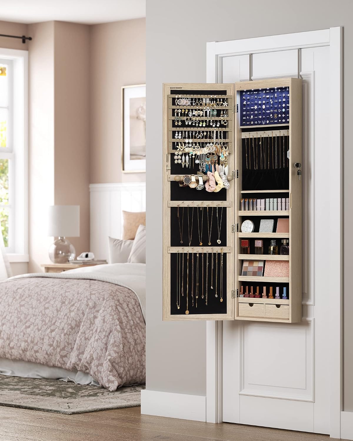 Schmuckschrank mit Spiegel 37x10x120 cm hängend Eiche von Songmics