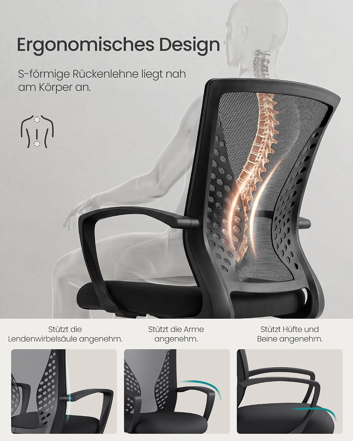 Bürostuhl ergonomisch Netzstuhl mit Wippfunktion Schwarz von Songmics