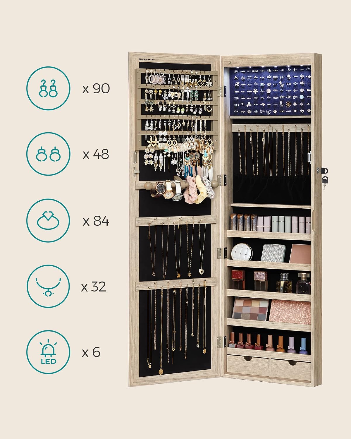 Schmuckschrank mit Spiegel 37x10x120 cm hängend Eiche von Songmics