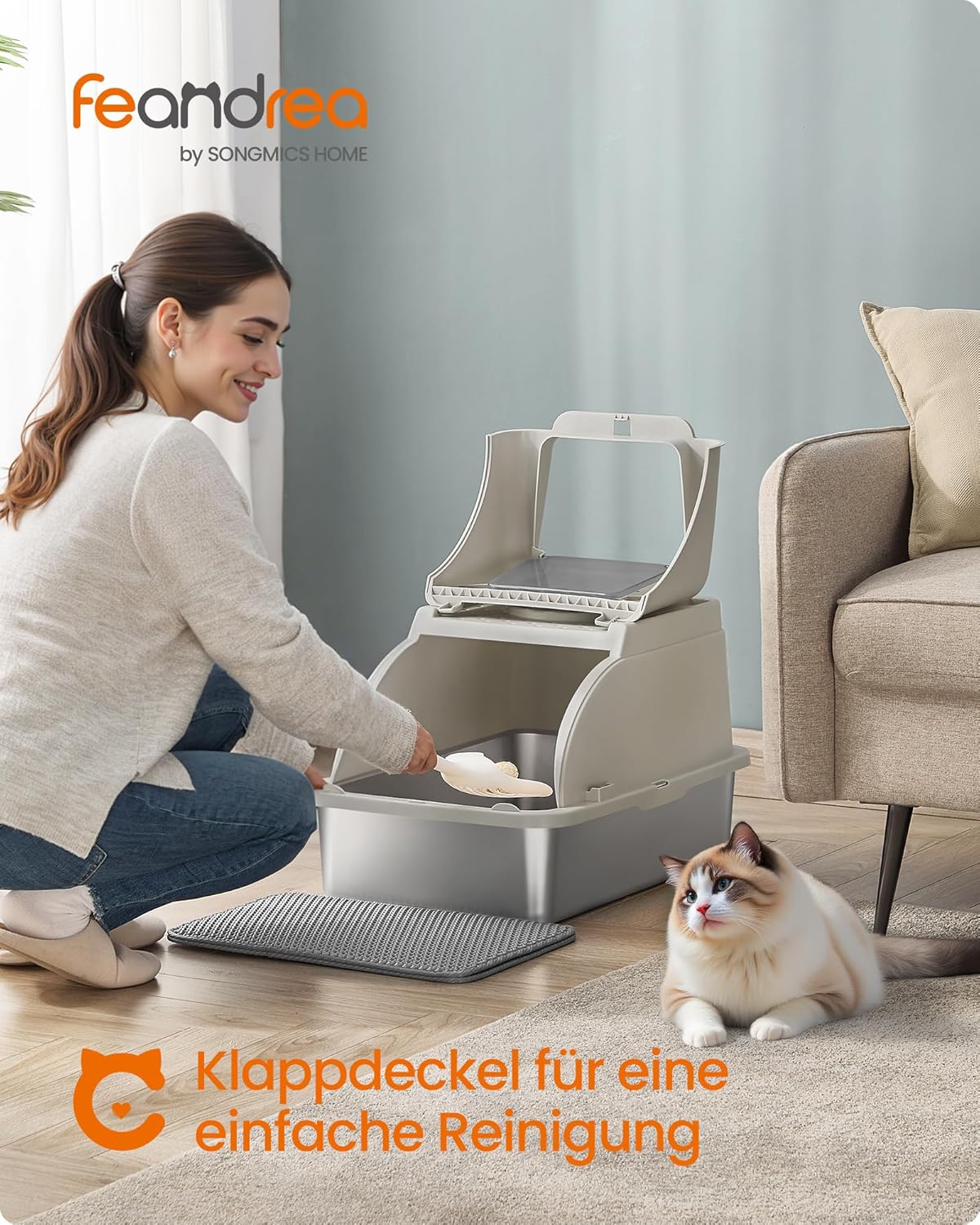 Katzentoilette XL Edelstahl mit Deckel und Schaufel beige von Songmics