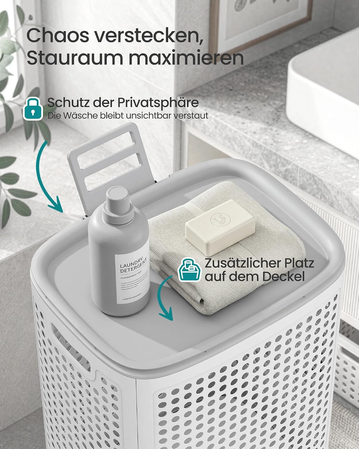 Wäschekorb 75 l mit Deckel 42,5x33x57 cm Weiss Grau von Songmics