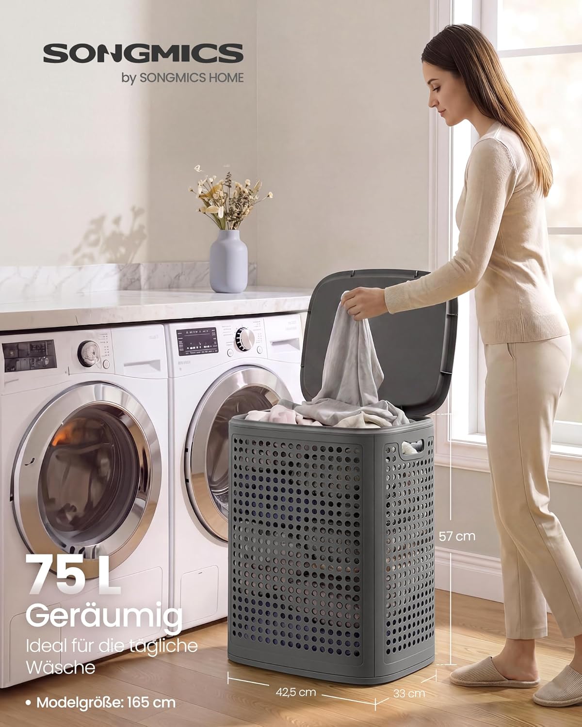 Wäschekorb mit Deckel 75 l PP Kunststoff Dunkelgrau von Songmics