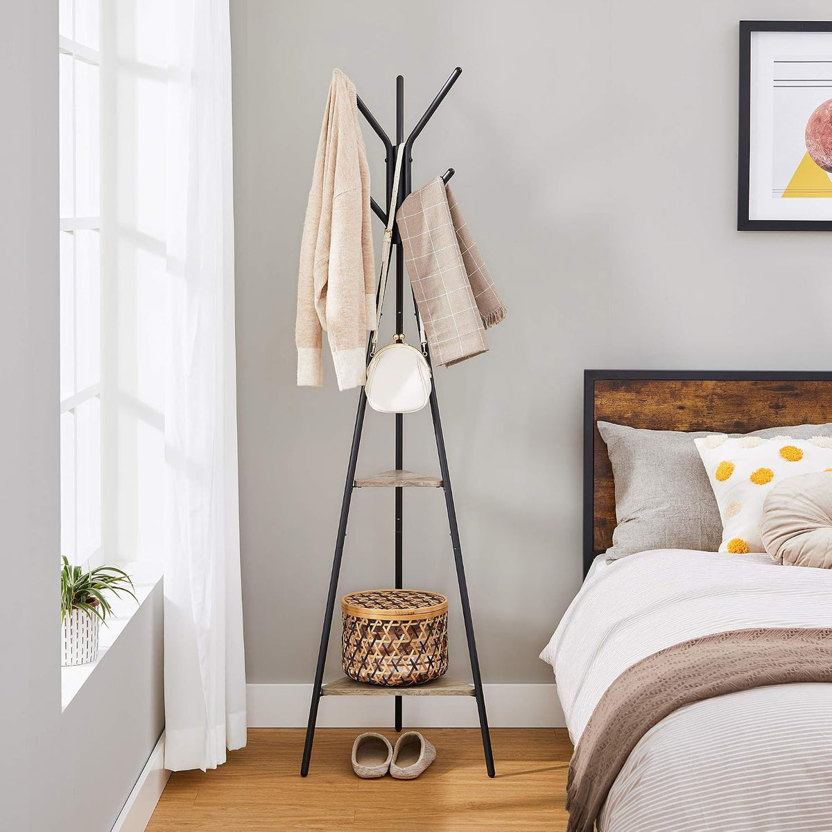 Garderobenständer 6 Haken 2 Ablagen 180 cm Schwarz Greige von Songmics