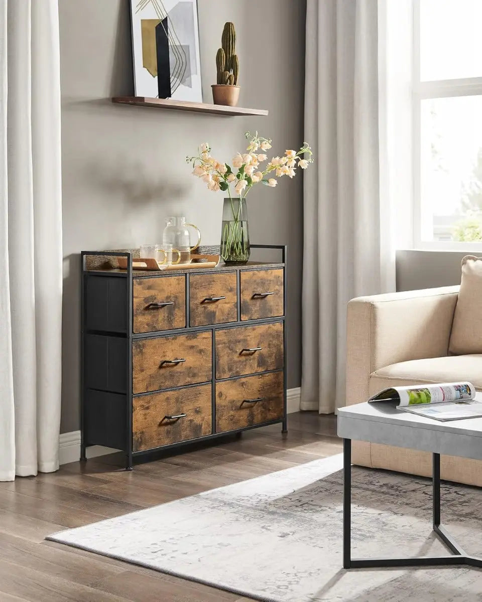 Kommode Stoffschubladen Metallgestell Vintagebraun Schwarz von Songmics