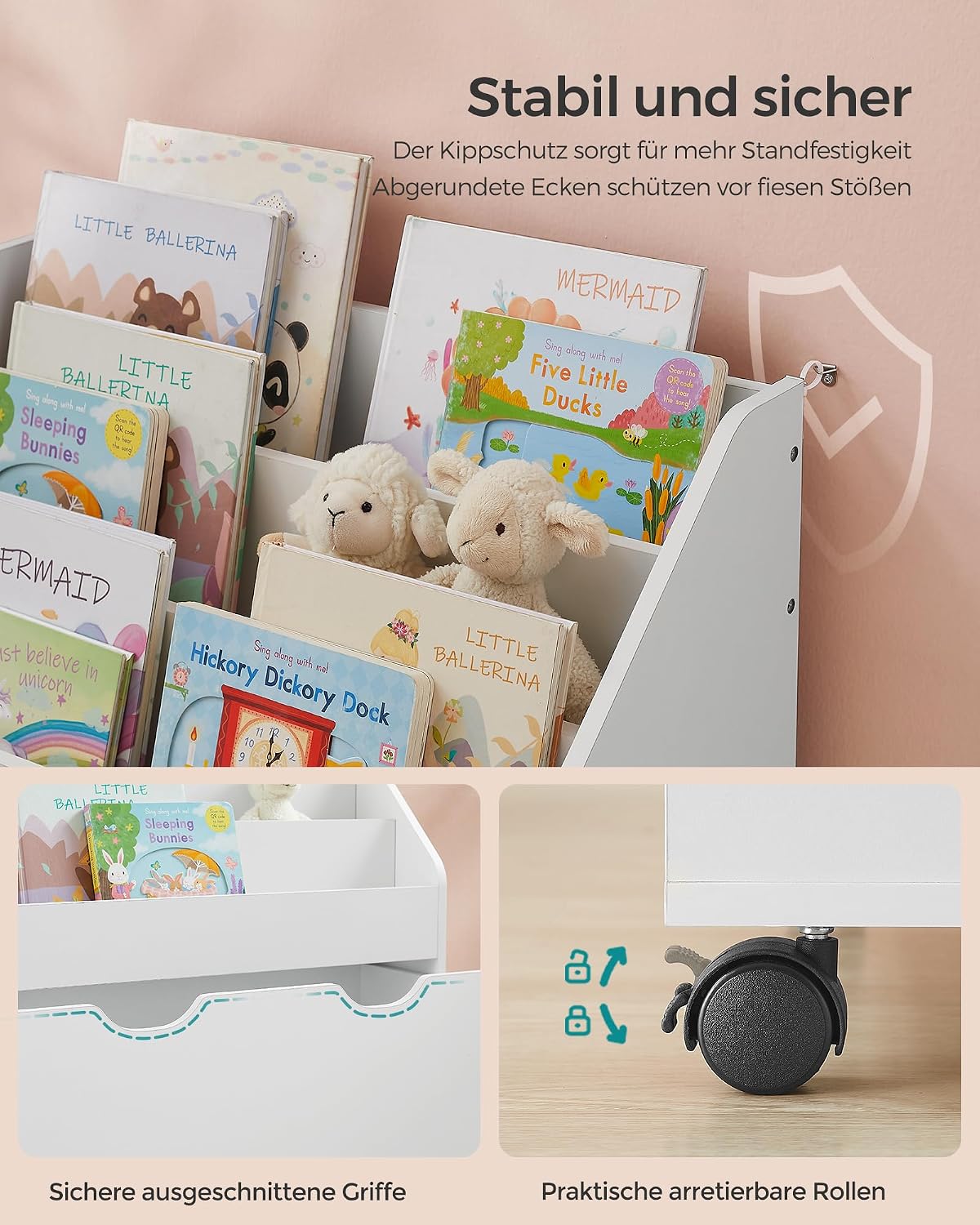 Kinderregal 3 Fächer Spielzeugbox auf Rollen Wolkenweiss von guteszeug.ch