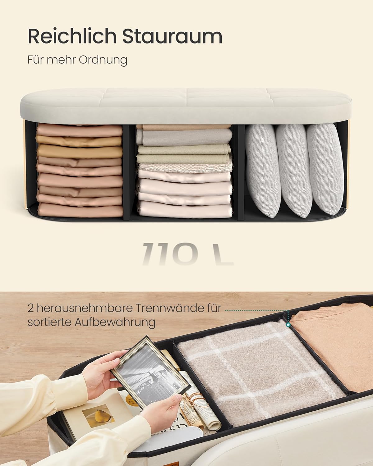Sitzbank mit Stauraum Samt cremeweiß 110L faltbar 110cm von Songmics