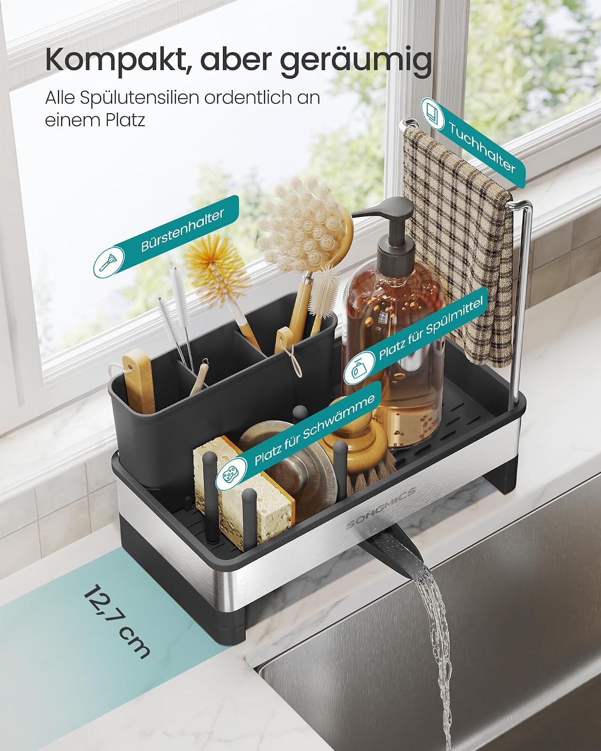 Spülbecken-Organizer 24,7x12,7x23 cm Edelstahl Schwarz von Songmics