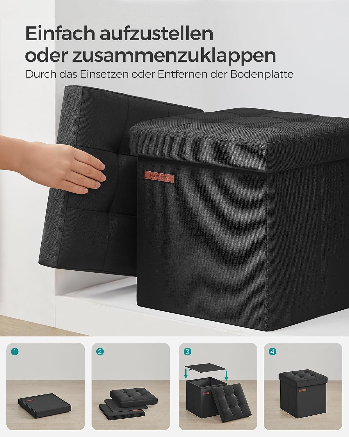 Sitzhocker mit Stauraum 30x30x30 cm Schwarz faltbar von Songmics