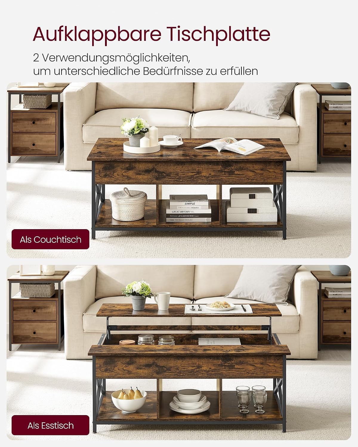 Couchtisch 120x60 cm Liftplatte Stauraum Vintagebraun von Songmics