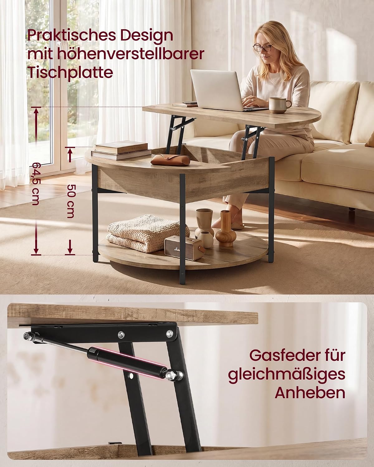 Couchtisch 80 cm rund Hebeplatte Ablage Kamelbraun von Songmics