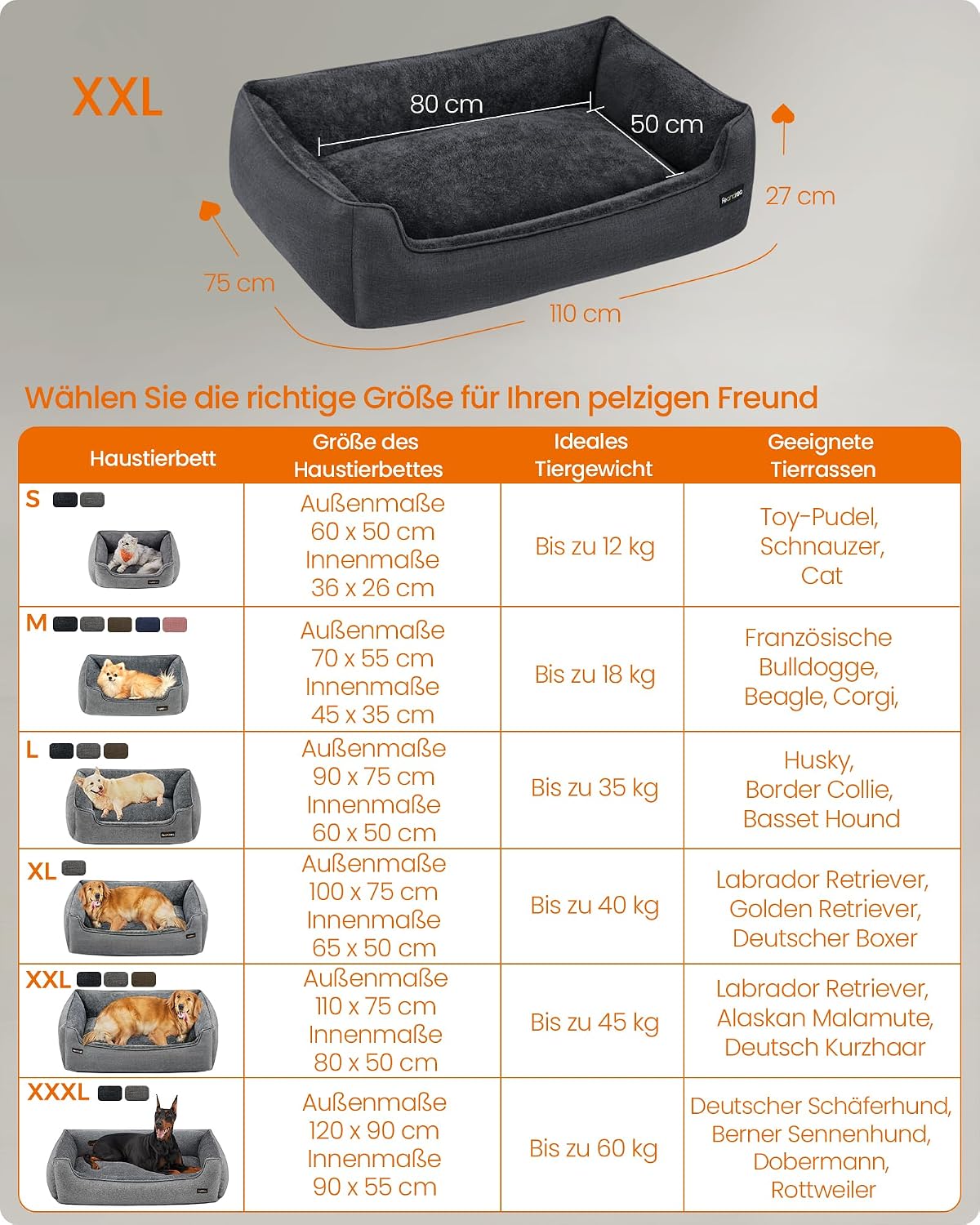 Hundebett XXL 110x75x27 cm Dunkelgrau Plüsch von Songmics
