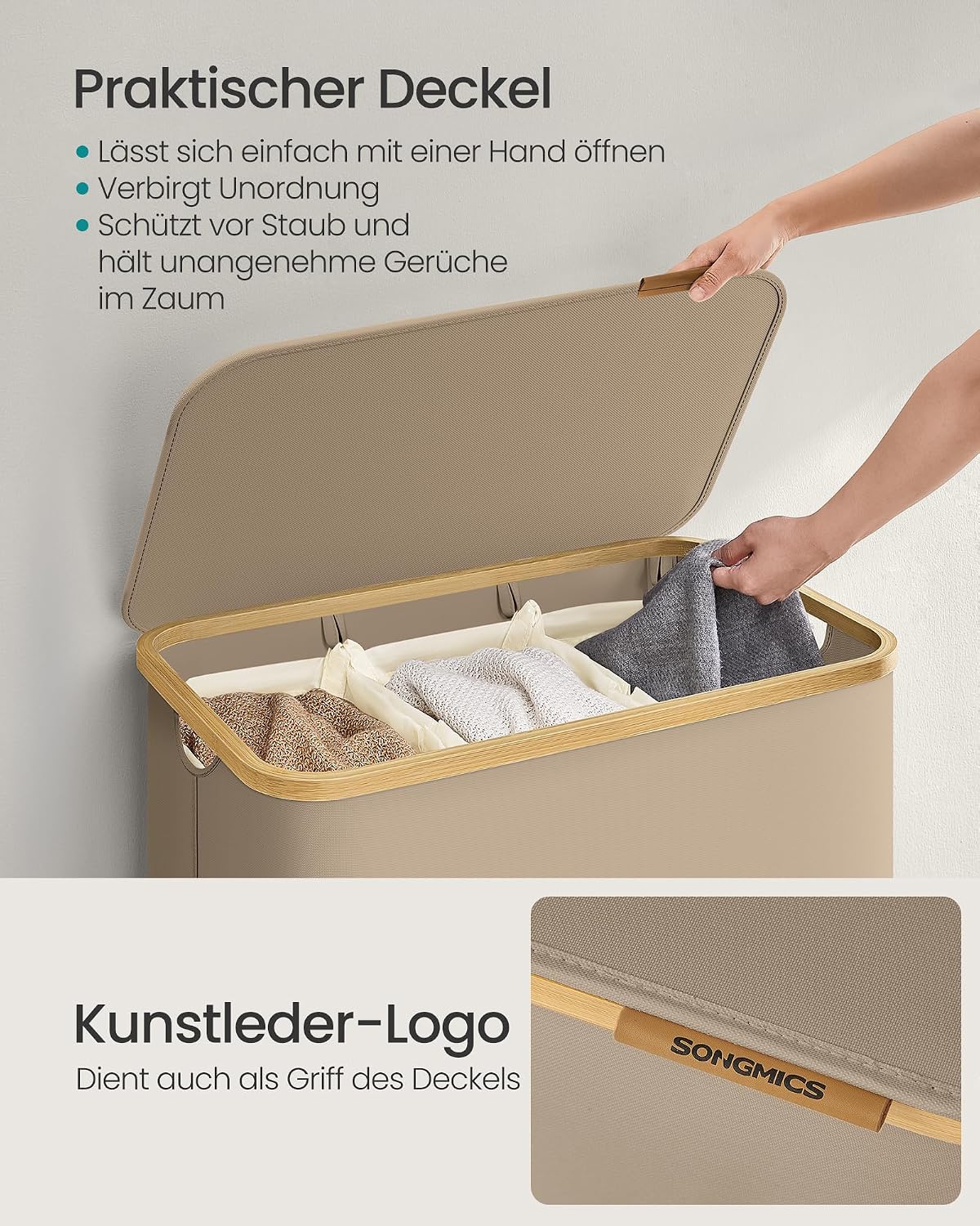 Wäschekorb 150 l 3 Fächer mit Deckel Kamelbraun von Songmics