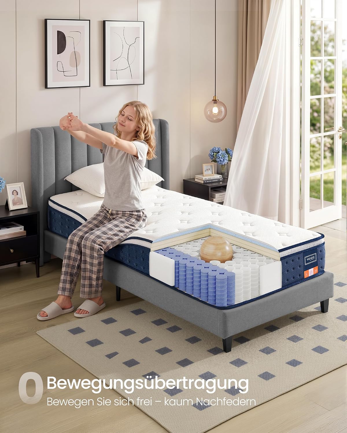 Hybridmatratze 90x200 cm 7 Zonen Taschenfedern Quarzblau von Songmics