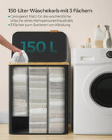 Wäschekorb Wäschesammler 3 Fächer Bambus 150l Schwarz von Songmics