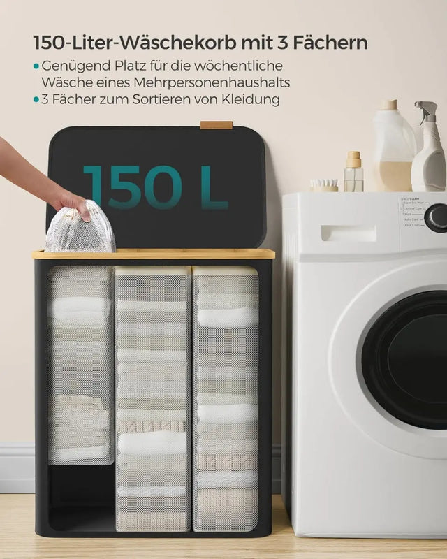 Wäschekorb Wäschesammler 3 Fächer Bambus 150l Schwarz von Songmics